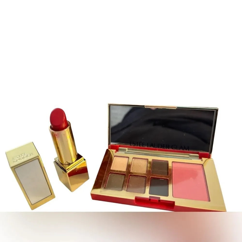 Estee Lauder Lipstick, Eyeshadow,‎ Blush, plus Quilted Burgundy Cosmetic Bag